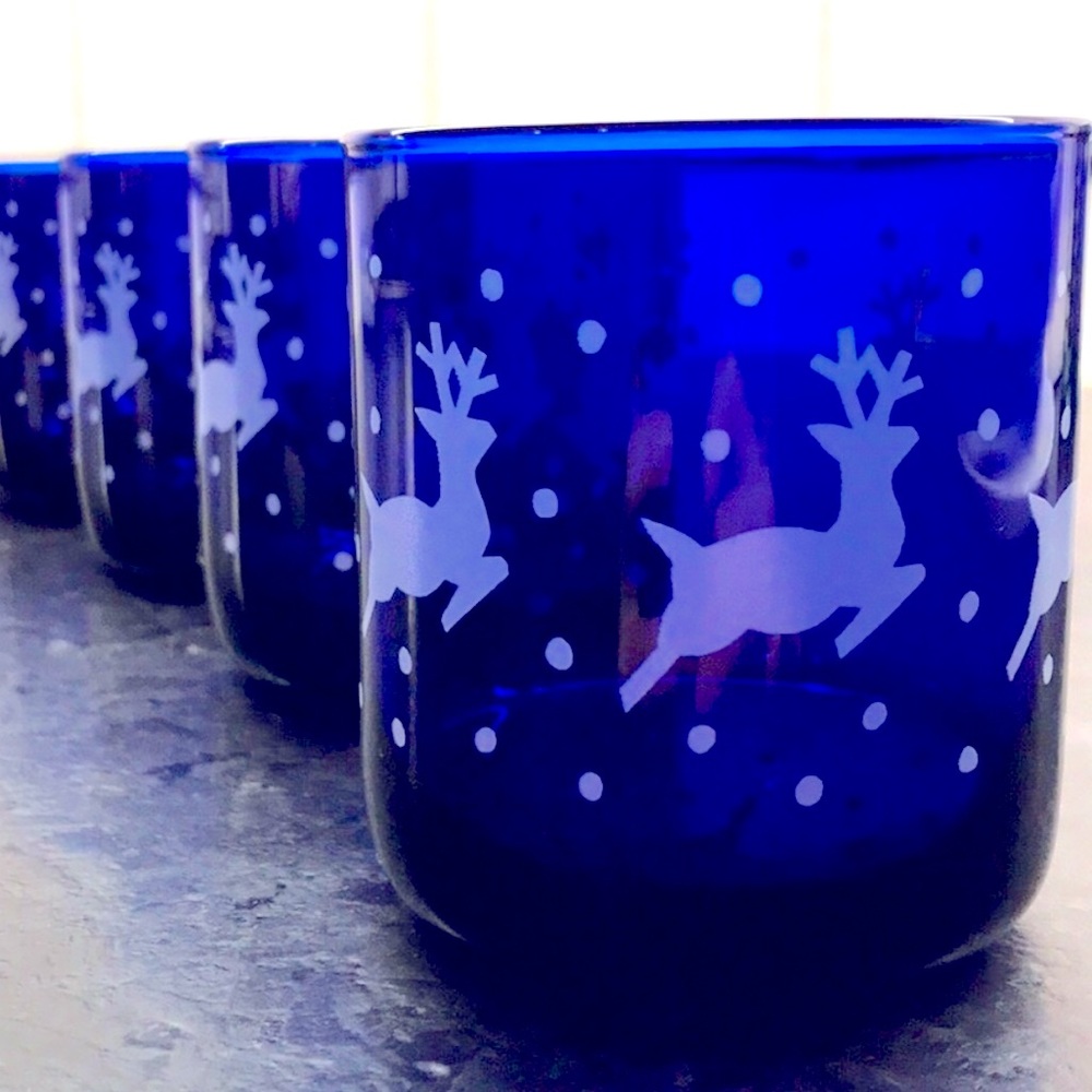 Vintage 4 Libbey Cobalt Reindeer Tumblers - Picture 2 of 5